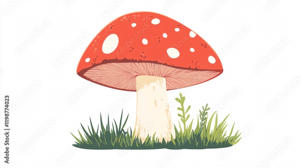Whimsical Red Mushroom with White Spots in Lush Green Grass - A Vibrant Botanical Illustration Whimsical Red Mushroom with White Spots in Lush Green Grass - A Vibrant Botanical Illustration