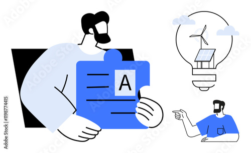 Man holding puzzle piece with text, man pointing, light bulb containing wind turbine and solar panel. Ideal for innovation, renewable energy, teamwork, puzzle solving, education, creativity