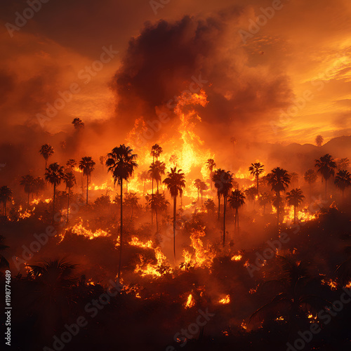 Flames consume palm trees at sunset, creating a dramatic landscape of destruction and natural beauty