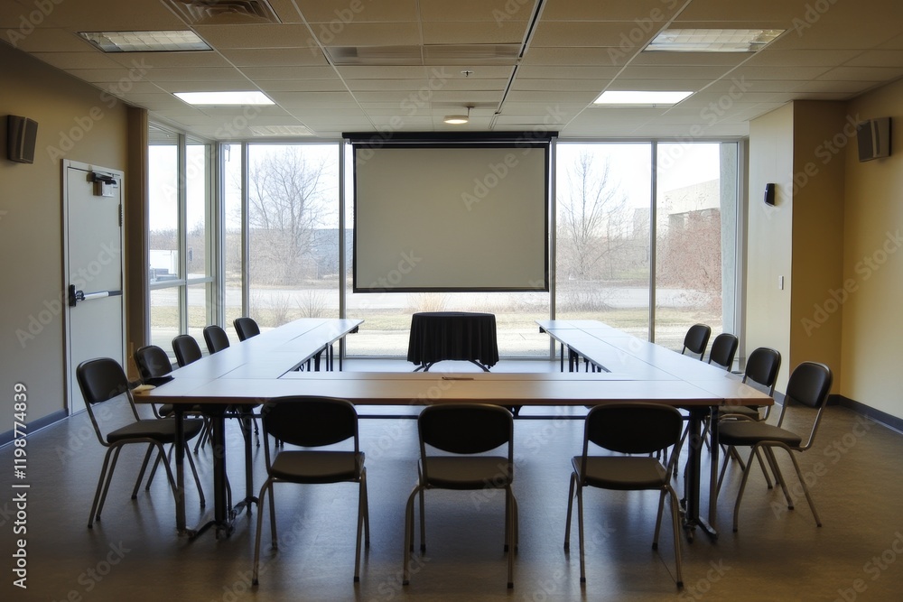 A large conference room with a projector screen and a table in the middle. There are many chairs around the table and the room is empty A large conference room with a projector screen and a table in the middle. There are many chairs around the table and the room is empty