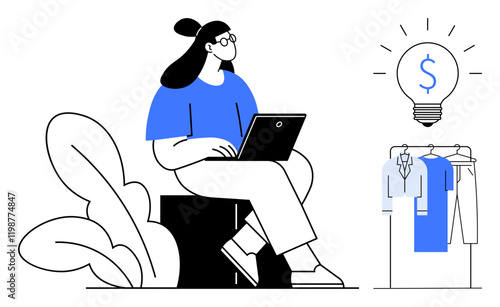 Woman using laptop while sitting with large light bulb and clothing on hangers. Ideal for ecommerce, online business, fashion retail, creative ideas, remote work, innovation, entrepreneurship. Line