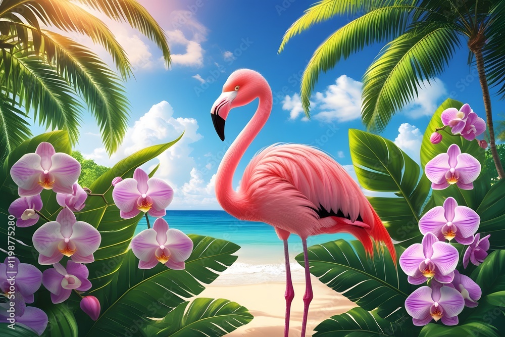 Fototapeta premium Tropical Collage With Pink Flamingos