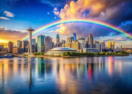 Vibrant Cityscape: Skyline, Stadium, Rainbow, Waterfront - Stock Photo