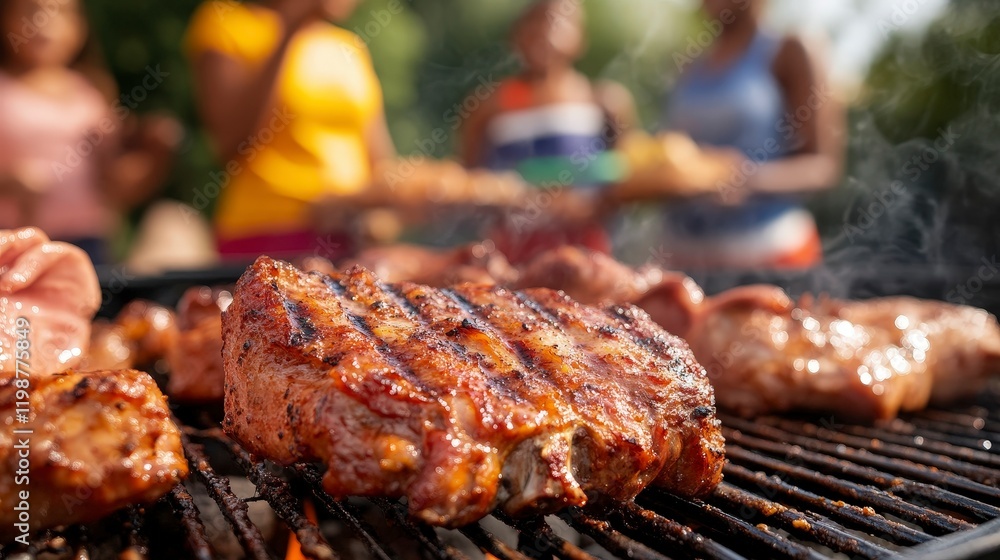 Close-Up of Grilled Meat on Barbecue with Friends Enjoying Outdoor Gathering Close-Up of Grilled Meat on Barbecue with Friends Enjoying Outdoor Gathering