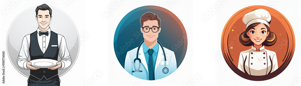 Three professionals in circular icons: a waiter, a doctor, and a chef. Each shows a friendly, approachable person in their respective attire. Three professionals in circular icons: a waiter, a doctor, and a chef. Each shows a friendly, approachable person in their respective attire.