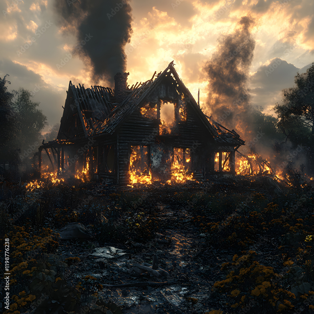 House engulfed in flames during a dramatic sunset near a forest area House engulfed in flames during a dramatic sunset near a forest area