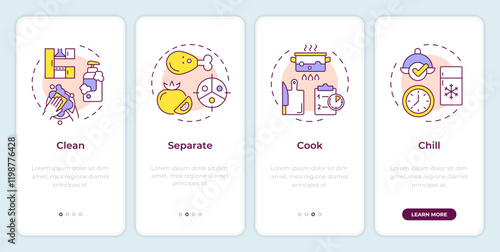 Food safety onboarding mobile app screen. Processing, use. Walkthrough 4 steps editable graphic instructions with linear concepts. UI, UX, GUI template. Montserrat SemiBold, Regular fonts used