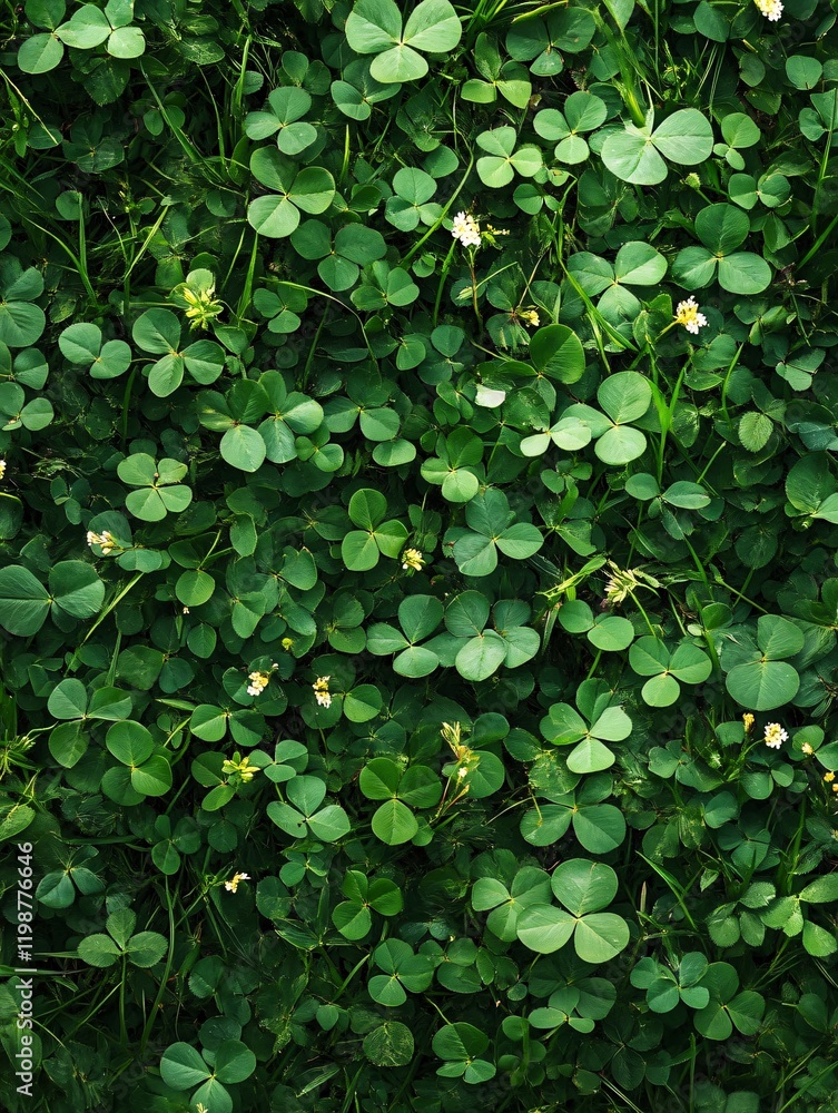 Lush green clovers with delicate white flowers in natural setting Lush green clovers with delicate white flowers in natural setting