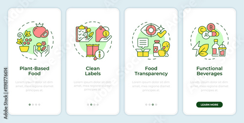 Food industry trends onboarding mobile app screen. Walkthrough 4 steps editable graphic instructions with linear concepts. UI, UX, GUI template. Montserrat SemiBold, Regular fonts used