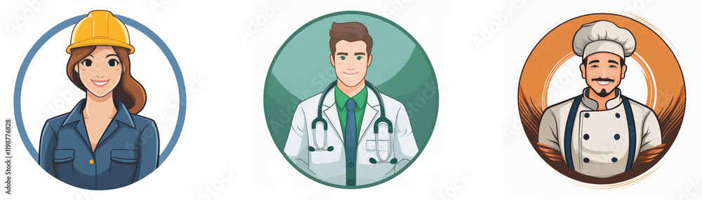 Fototapeta premium Three diverse professionals: a female engineer, a male doctor, and a male chef, depicted in circular avatars. Their professions represent different career paths and skill sets.