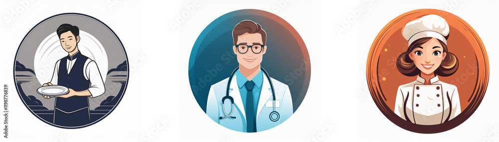 Three circular portraits depict a waiter, a doctor, and a chef; showcasing diverse professions. Three circular portraits depict a waiter, a doctor, and a chef; showcasing diverse professions.