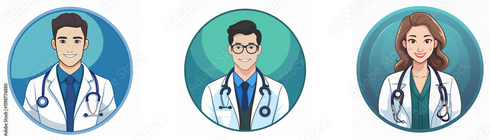 Three illustrated doctors' portraits; male and female, in circular frames.  Each shows a person wearing a lab coat and stethoscope.