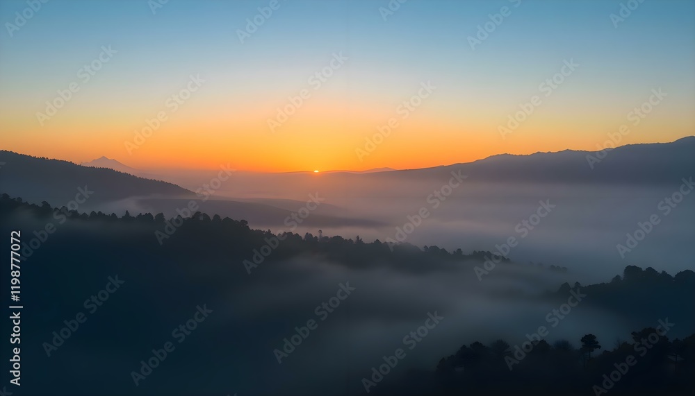 the sun is setting over the mountains covered in fog the sun is setting over the mountains covered in fog
