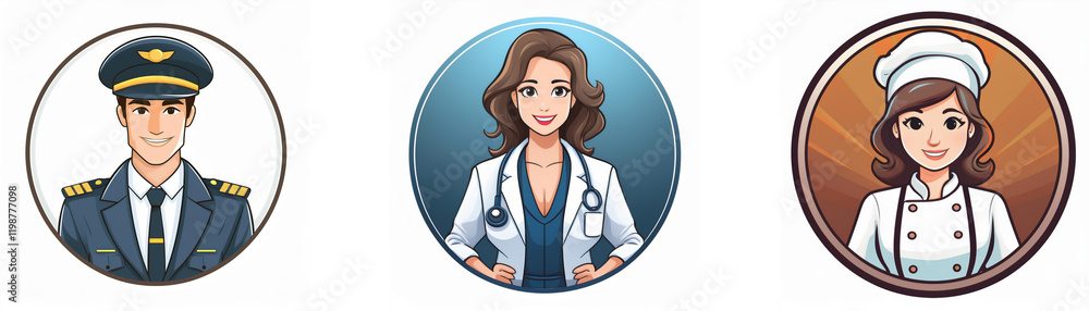 Three circular profile pictures depict a pilot, a doctor, and a chef. Each person smiles, wearing professional attire. Three circular profile pictures depict a pilot, a doctor, and a chef. Each person smiles, wearing professional attire.