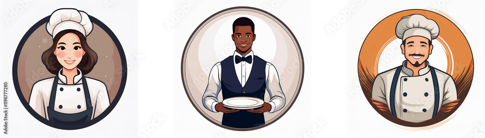 Three diverse chefs in circular portraits. A female chef, a waiter, and a male chef are depicted in professional attire. Three diverse chefs in circular portraits. A female chef, a waiter, and a male chef are depicted in professional attire.