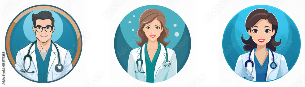 Three illustrated doctors, one male and two female, are shown in circular profile portraits against teal backgrounds. They wear lab coats and stethoscopes. Three illustrated doctors, one male and two female, are shown in circular profile portraits against teal backgrounds. They wear lab coats and stethoscopes.