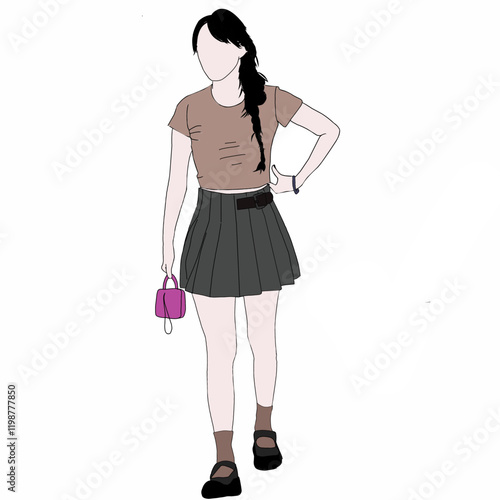 A minimalistic and contemporary illustration of a woman standing, dressed in stylish casual attire, featuring a skirt, a bag, and accessories, conveying modernity and a relaxed urban lifestyle.