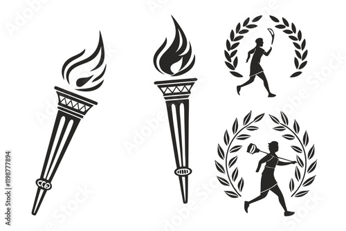 Torch icons, black and white silhouettes, flame designs, simple geometric shapes, Olympic torch variations, minimalist torch collection, stylized fire symbols, vector graphics, ancient torch illustrat