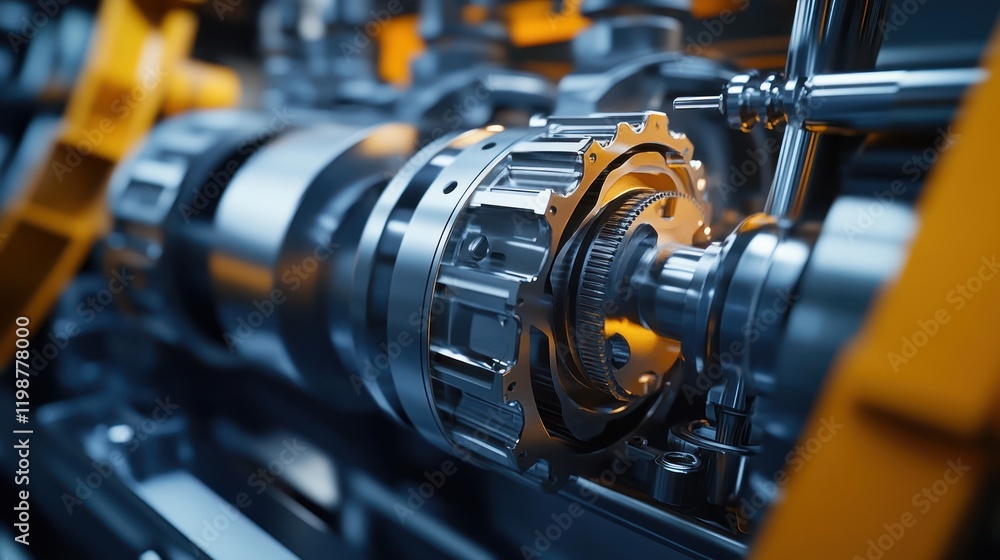 Fototapeta premium close-up of heavy machinery components, intricate hydraulic systems, polished metal textures, dramatic industrial lighting, sharp focus
