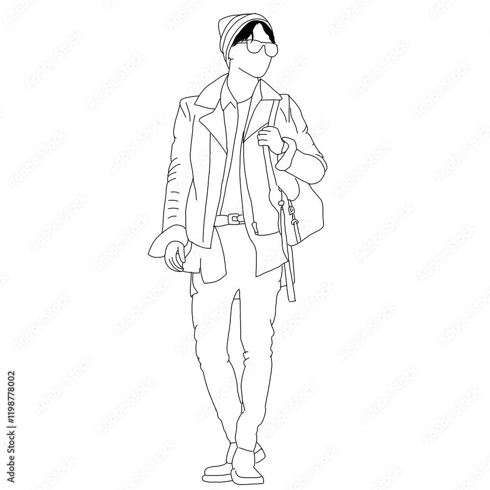 Monochromatic line art illustration of a person in casual attire, wearing glasses, carrying a bag, and walking. Depicts modern fashion and individual style in a simple outlined artistic style. Monochromatic line art illustration of a person in casual attire, wearing glasses, carrying a bag, and walking. Depicts modern fashion and individual style in a simple outlined artistic style.