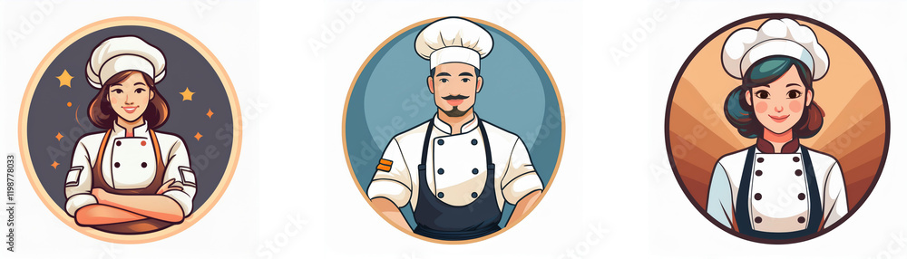 Three chefs, two women and a man, are depicted in circular profile portraits wearing chef hats and uniforms. Their expressions are welcoming and professional. Three chefs, two women and a man, are depicted in circular profile portraits wearing chef hats and uniforms. Their expressions are welcoming and professional.