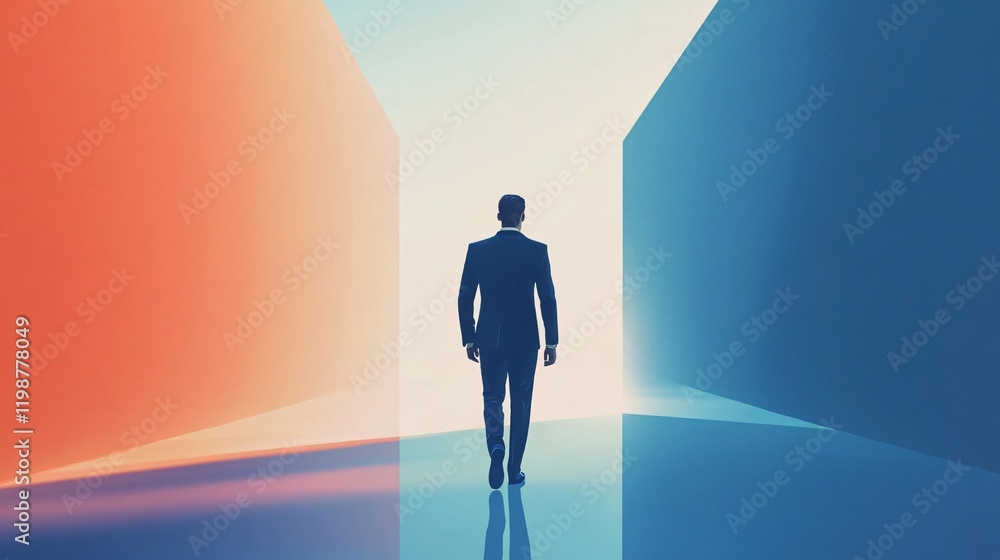 Businessman Walks Towards Bright Future: A Symbol of Career Path, Decisions, Opportunities, and Success in the Corporate World Businessman Walks Towards Bright Future: A Symbol of Career Path, Decisions, Opportunities, and Success in the Corporate World