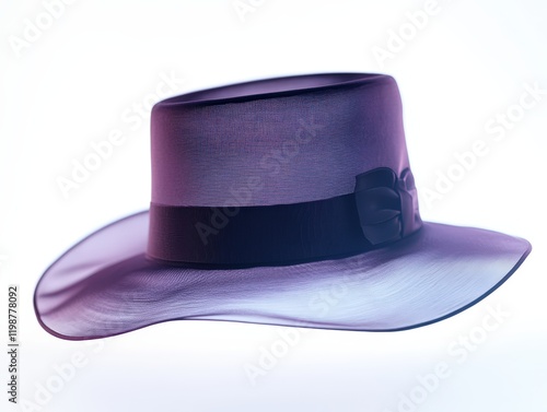 Close-up studio shot of a stylish purple wide-brim hat with a black ribbon and bow. photo