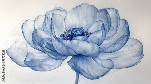 Translucent blue flower with delicate petals and stem on white background.