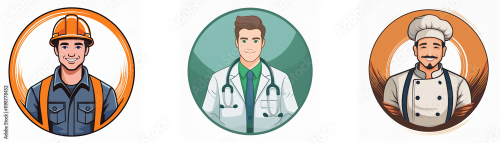 Fototapeta premium Three circular profile icons depict a construction worker, doctor, and chef. Each professional is illustrated in cartoon style.