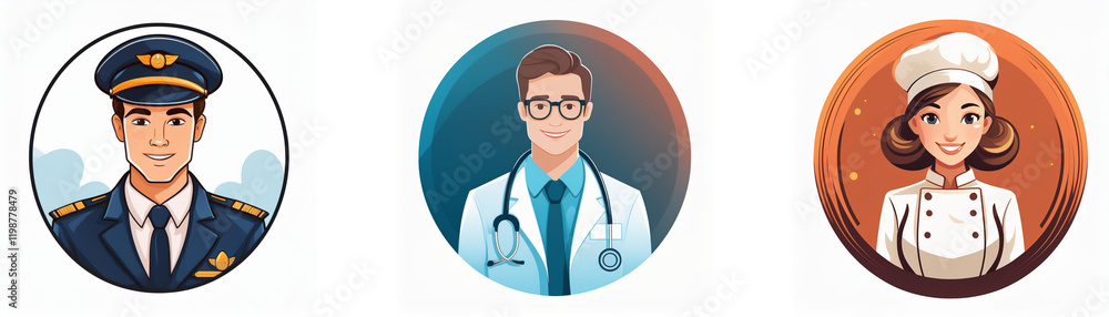 Three circular portraits showcase diverse professions: a pilot in uniform, a doctor with a stethoscope, and a chef in a white hat. These represent various career paths. Three circular portraits showcase diverse professions: a pilot in uniform, a doctor with a stethoscope, and a chef in a white hat. These represent various career paths.