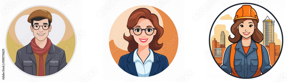 Three diverse professionals: a man in a newsboy cap, a woman in business attire, and a female construction worker, each in a circular avatar. Three diverse professionals: a man in a newsboy cap, a woman in business attire, and a female construction worker, each in a circular avatar.