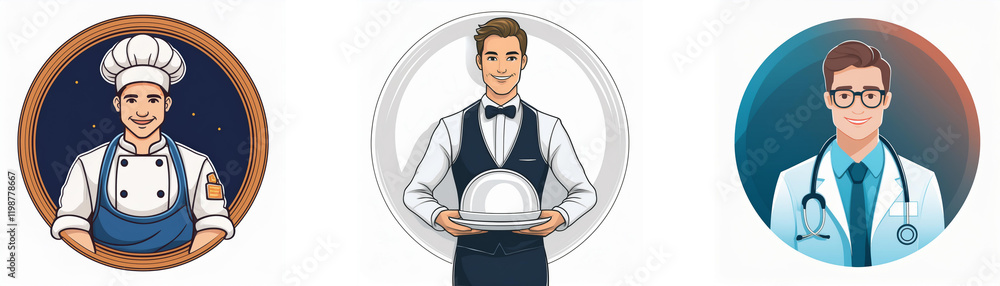 Fototapeta premium Three circular portraits showcase professionals: a chef, waiter, and doctor. Each is depicted in a stylized, cartoonish manner.
