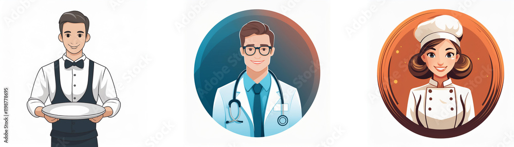 Three illustrations depict diverse professionals: a waiter, a doctor, and a chef. Each portrait showcases a friendly, approachable individual in their respective uniforms. Three illustrations depict diverse professionals: a waiter, a doctor, and a chef. Each portrait showcases a friendly, approachable individual in their respective uniforms.
