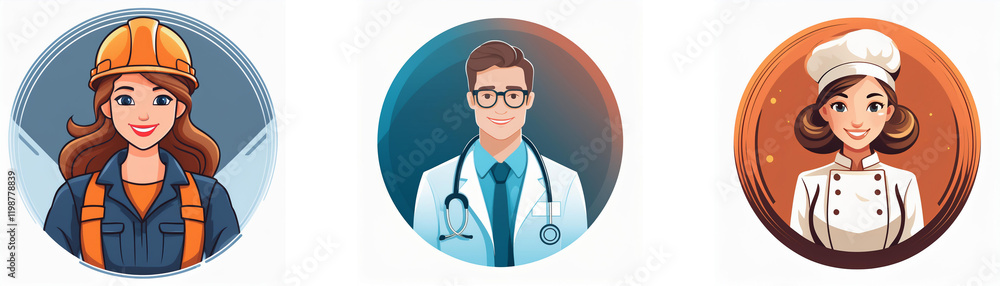 Three circular profile icons depict diverse professions: a female construction worker, a male doctor, and a female chef. Each icon features a smiling individual wearing profession-specific attire. Three circular profile icons depict diverse professions: a female construction worker, a male doctor, and a female chef. Each icon features a smiling individual wearing profession-specific attire.
