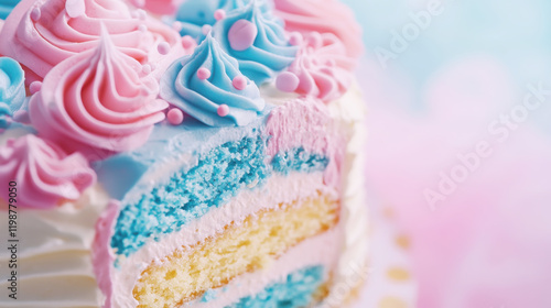 Colorful gender reveal cake with blue and pink icing layers for celebration and decoration photo