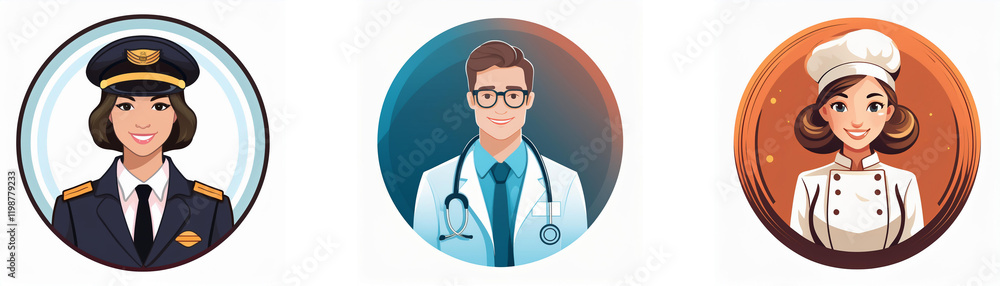 Three circular profile icons depict a pilot, doctor, and chef. Each professional is illustrated in a friendly, approachable style. Three circular profile icons depict a pilot, doctor, and chef. Each professional is illustrated in a friendly, approachable style.
