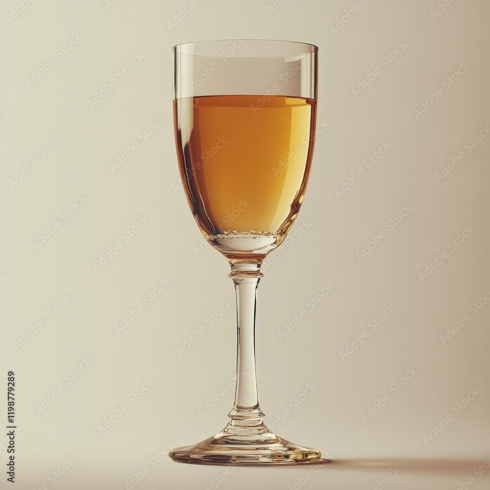 A single glass of amber-colored liquid on a beige background. The image is minimal and elegant. A single glass of amber-colored liquid on a beige background. The image is minimal and elegant.