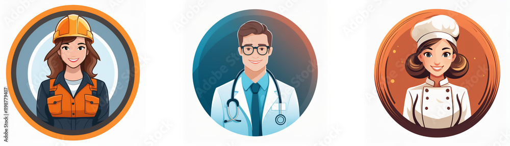 Three circular profile pictures depict diverse professionals: a female construction worker, a male doctor, and a female chef. Each person is illustrated in a friendly, approachable style. Three circular profile pictures depict diverse professionals: a female construction worker, a male doctor, and a female chef. Each person is illustrated in a friendly, approachable style.