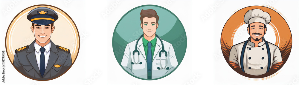 Fototapeta premium Three circular profile pictures depict a pilot, doctor, and chef. Each professional is illustrated in a cartoon style.