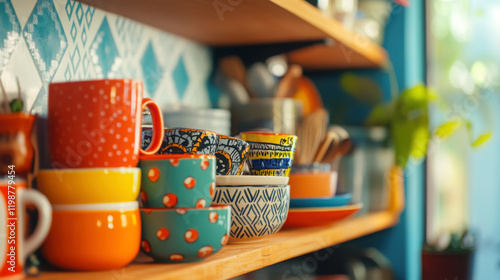 Vibrant kitschy kitchen shelf with colorful thrifted ceramics and mugs photo