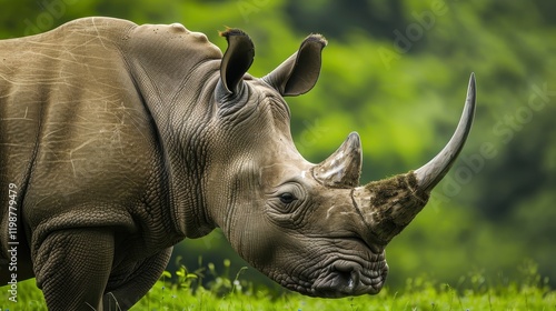 A majestic rhino stands in profile against lush greenery
