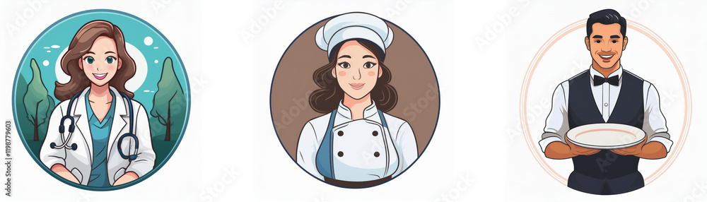 Three circular illustrations depict a doctor, chef, and waiter. Each person is professionally dressed and smiling. Three circular illustrations depict a doctor, chef, and waiter. Each person is professionally dressed and smiling.