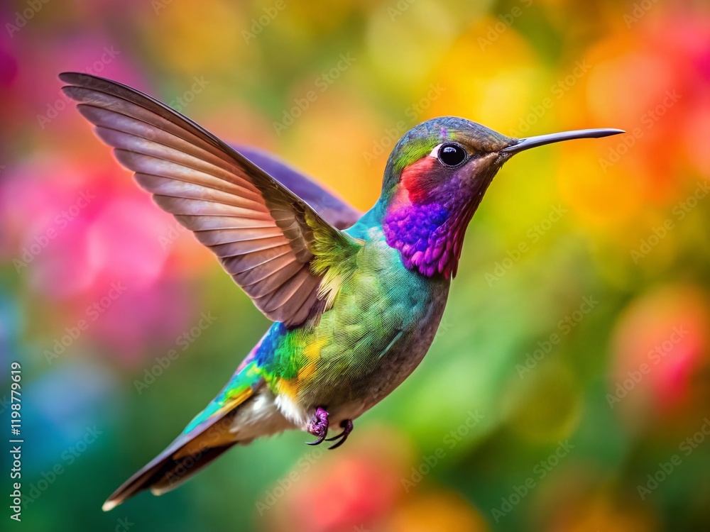 Fototapeta premium Vibrant Hummingbird in Flight: Macro Photography of Shimmering Wings