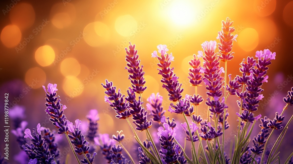 Sunlit Lavender Field in Full Bloom with a Golden Sunset Creating a Warm Atmosphere Sunlit Lavender Field in Full Bloom with a Golden Sunset Creating a Warm Atmosphere