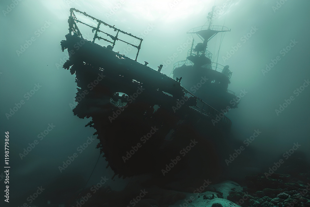 Underwater view of an old sunken ship on seabed with fish swimming around, abstract vivid composition consists of fictional unreal fantastic vision on background Underwater view of an old sunken ship on seabed with fish swimming around, abstract vivid composition consists of fictional unreal fantastic vision on background