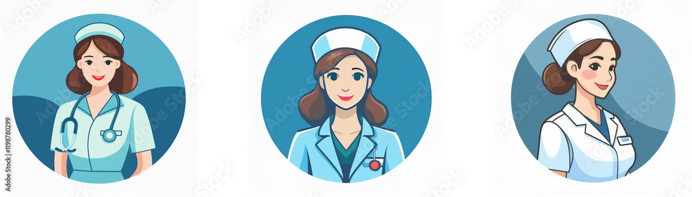 Three circular profile icons depict nurses in various poses, wearing crisp white uniforms and caps. Their expressions are kind and professional. Three circular profile icons depict nurses in various poses, wearing crisp white uniforms and caps. Their expressions are kind and professional.