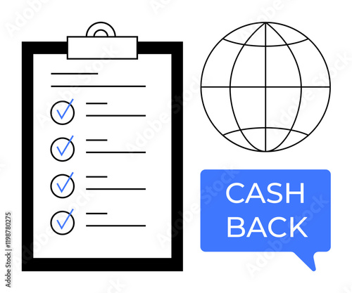 Clipboard with checked tasks, spherical network symbol, and Cash Back message. Ideal for financial planning, global business, rewards system, task management, customer loyalty, financial incentives
