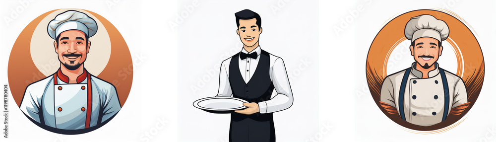Three illustrations depict culinary professionals: two chefs and a waiter. Each image showcases a different role in the restaurant industry, highlighting their attire and expressions. Three illustrations depict culinary professionals: two chefs and a waiter. Each image showcases a different role in the restaurant industry, highlighting their attire and expressions.