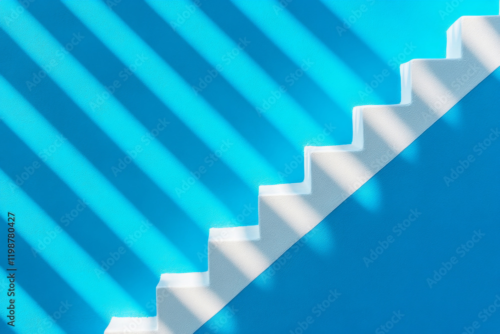 Obraz premium A section of white stairs with striking shadows on a textured, bright blue background. The interplay of light and color creates a minimalist aesthetic for design inspiration.