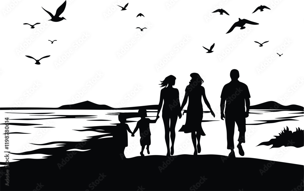 Black silhouette of a Family Beach Pose Black silhouette of a Family Beach Pose